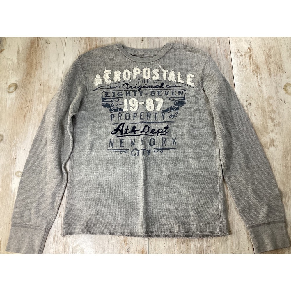 Aeropostale Mens Gray Thermal Long Sleeve Shirt 1987 Graphic Print Size L